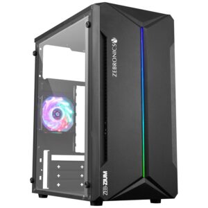 zebronics zium mid tower gaming cabinet, m atx/m itx, fins focussed multicolor rear fan, multi color led strip, acrylic glass side panel, usb 3.0, usb 2.0