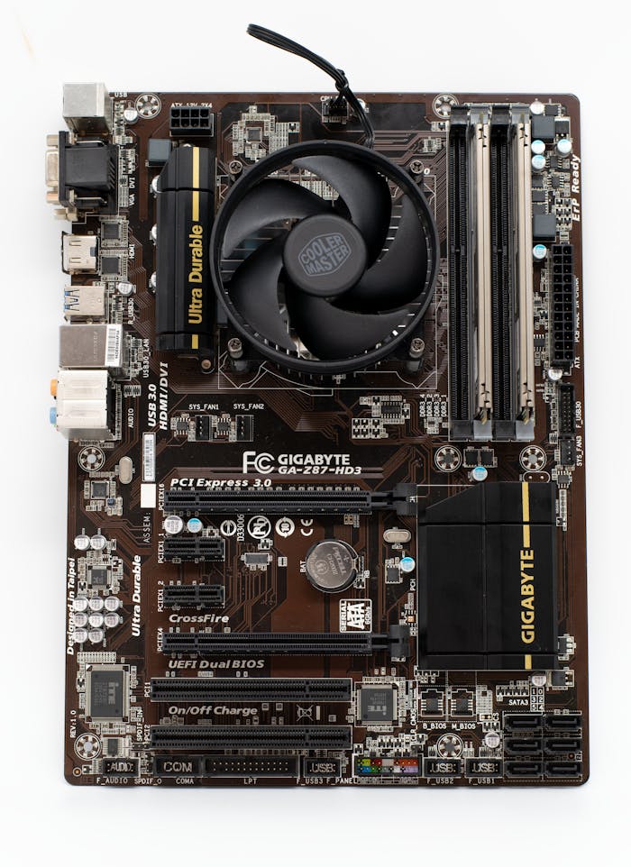 Close-up of a Gigabyte motherboard showcasing advanced technology and circuit details.