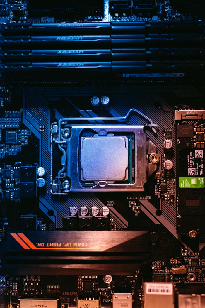 Detailed view of a computer motherboard featuring a central processor and RAM slots, highlighting its intricate design.